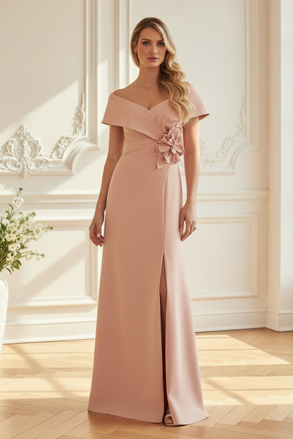 Off-Shoulder Crepe Gown with 3D Floral Detail