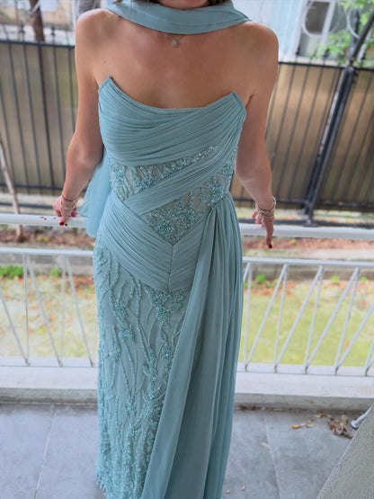 Strapless Pleated Corset Evening Gown with Side Draping