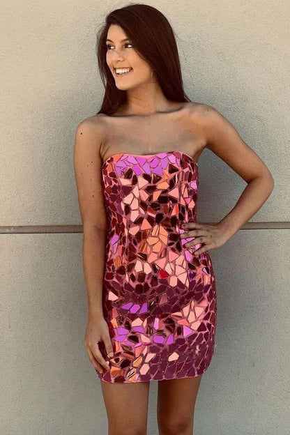 Strapless Mirror Tile Bodycon Dress with Lace-Up Back