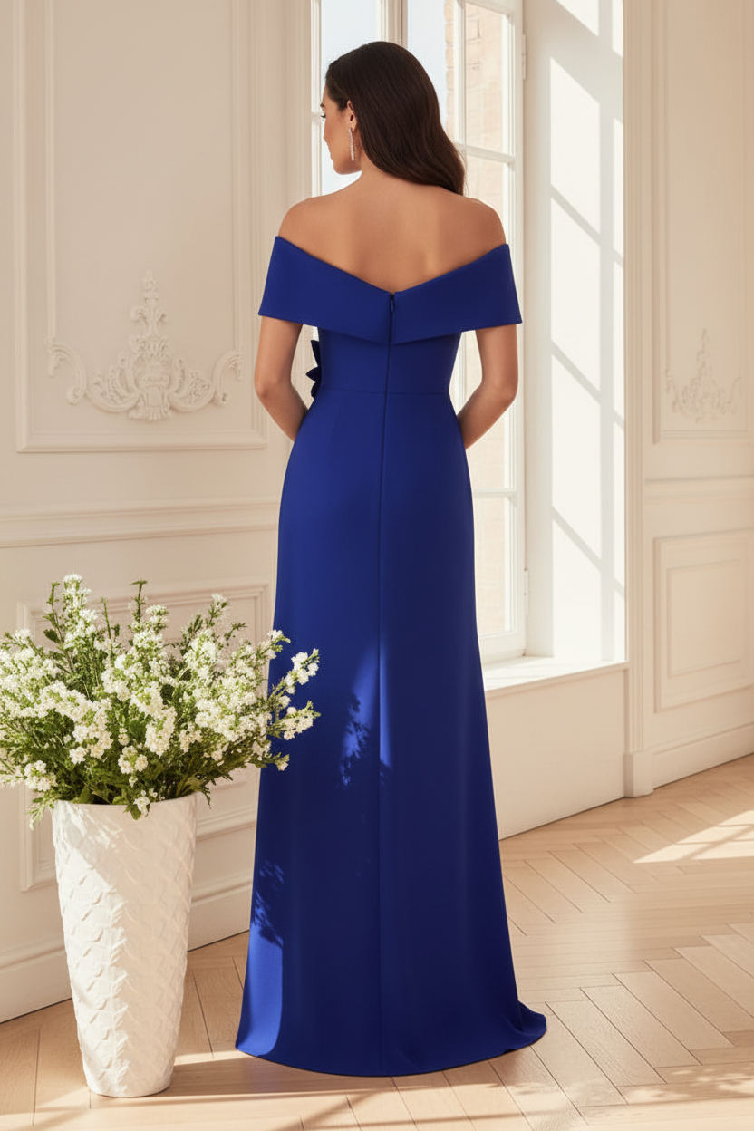 Off-Shoulder Crepe Gown with 3D Floral Detail