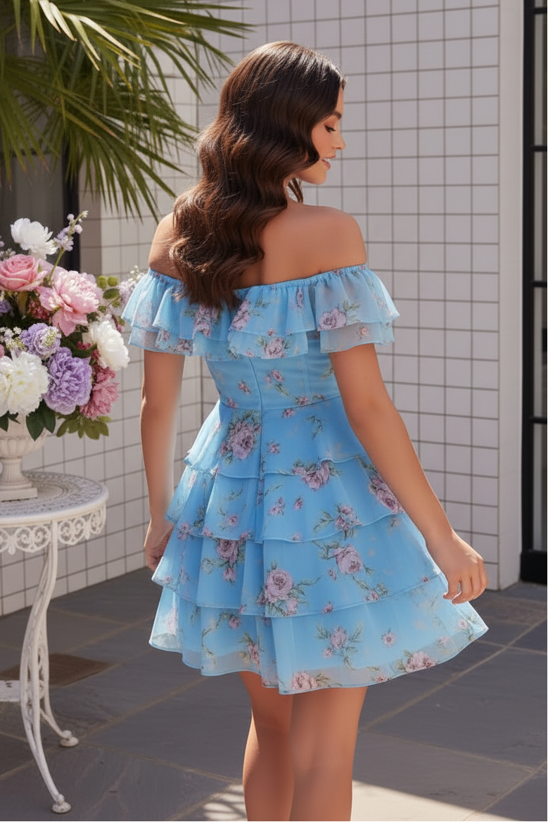 Off-the-Shoulder Floral Tiered Mini Dress