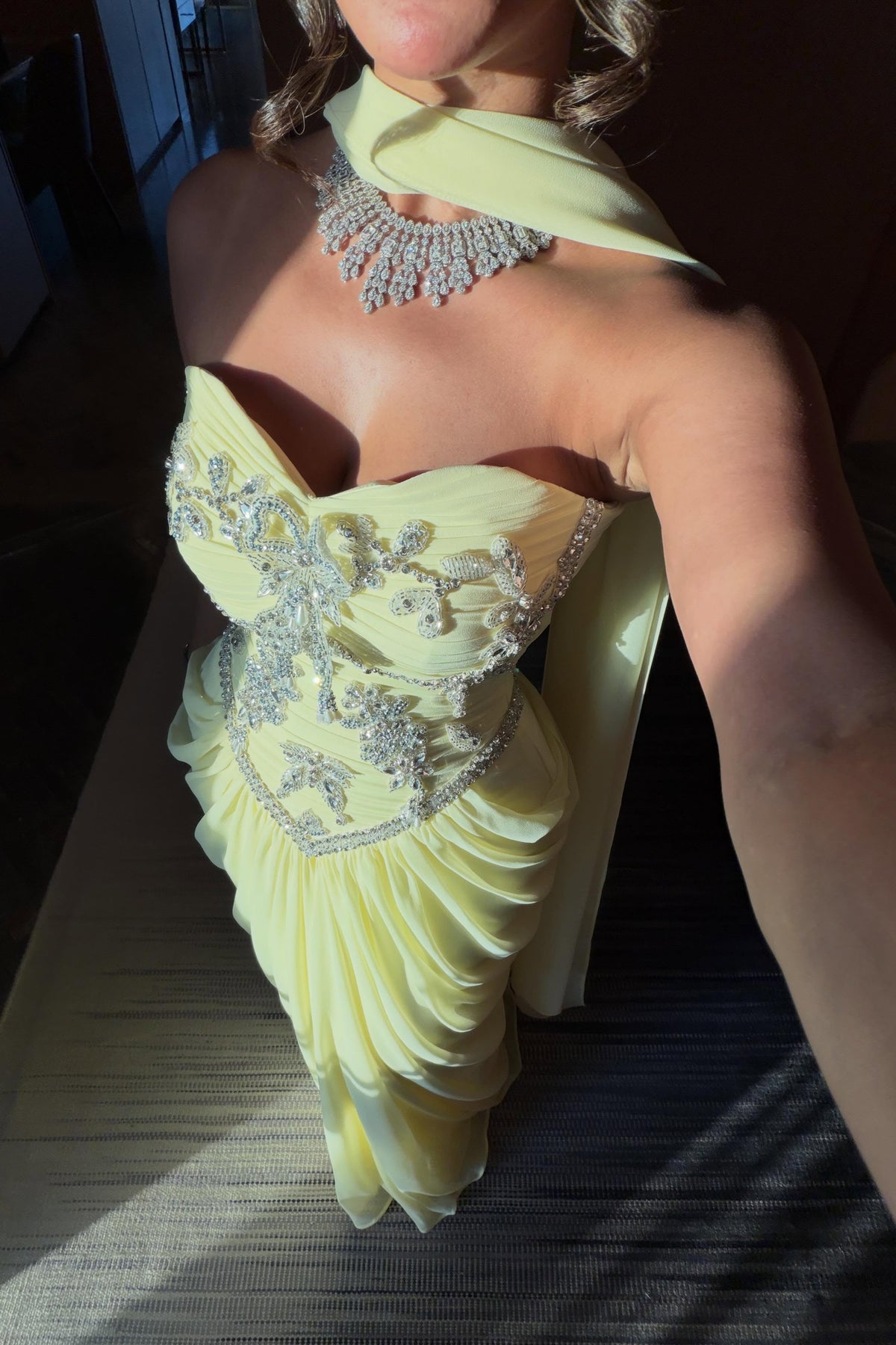 Embellished Corset Drape Evening Gown with Scarf