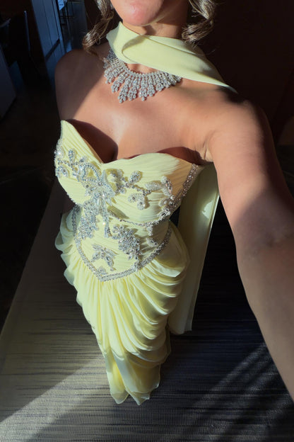 Embellished Corset Drape Evening Gown with Scarf
