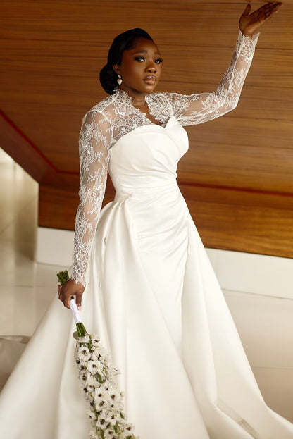 Lace Long Sleeve Satin Wedding Dress with Overskirt