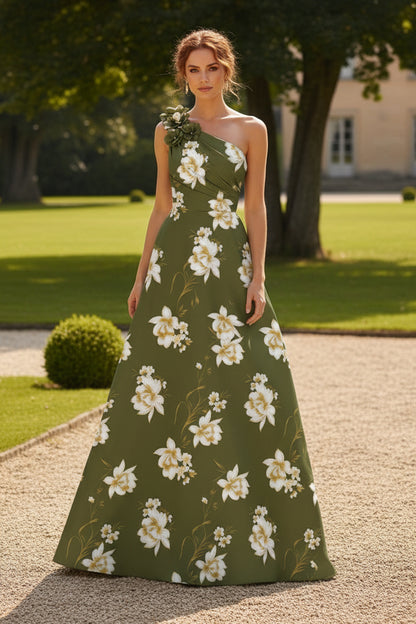 One-Shoulder Floral Print A-Line Evening Gown