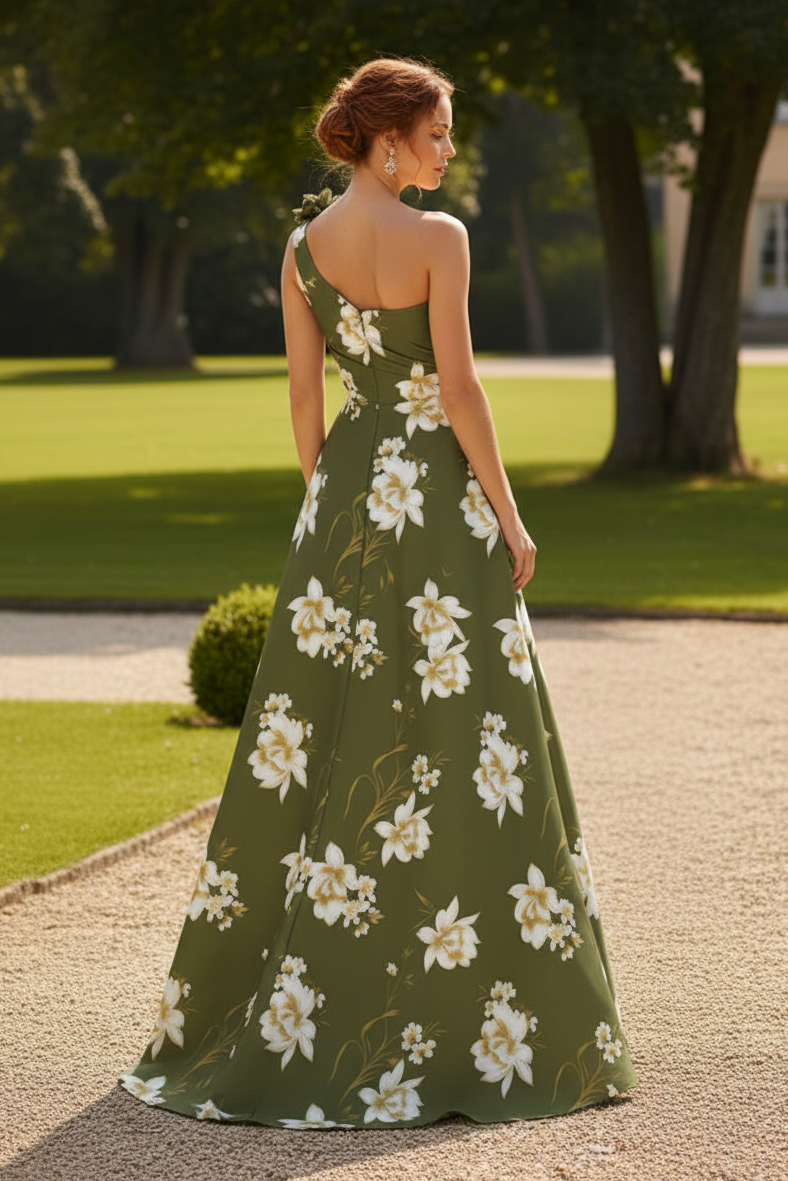 One-Shoulder Floral Print A-Line Evening Gown