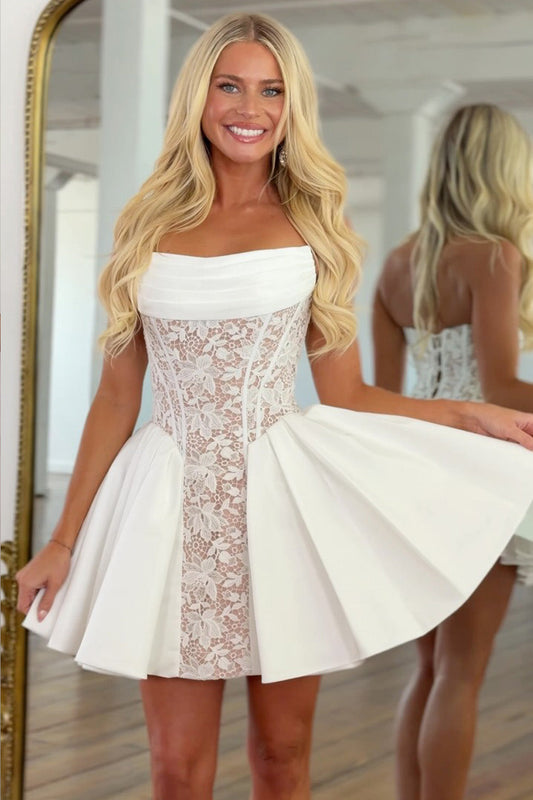 Strapless Lace Corset Pleated Mini Dress