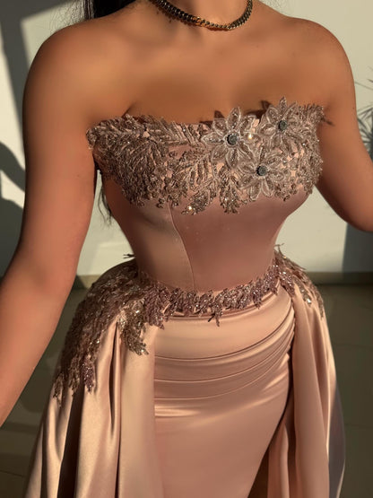 Strapless Satin Evening Gown with Detachable Overskirt