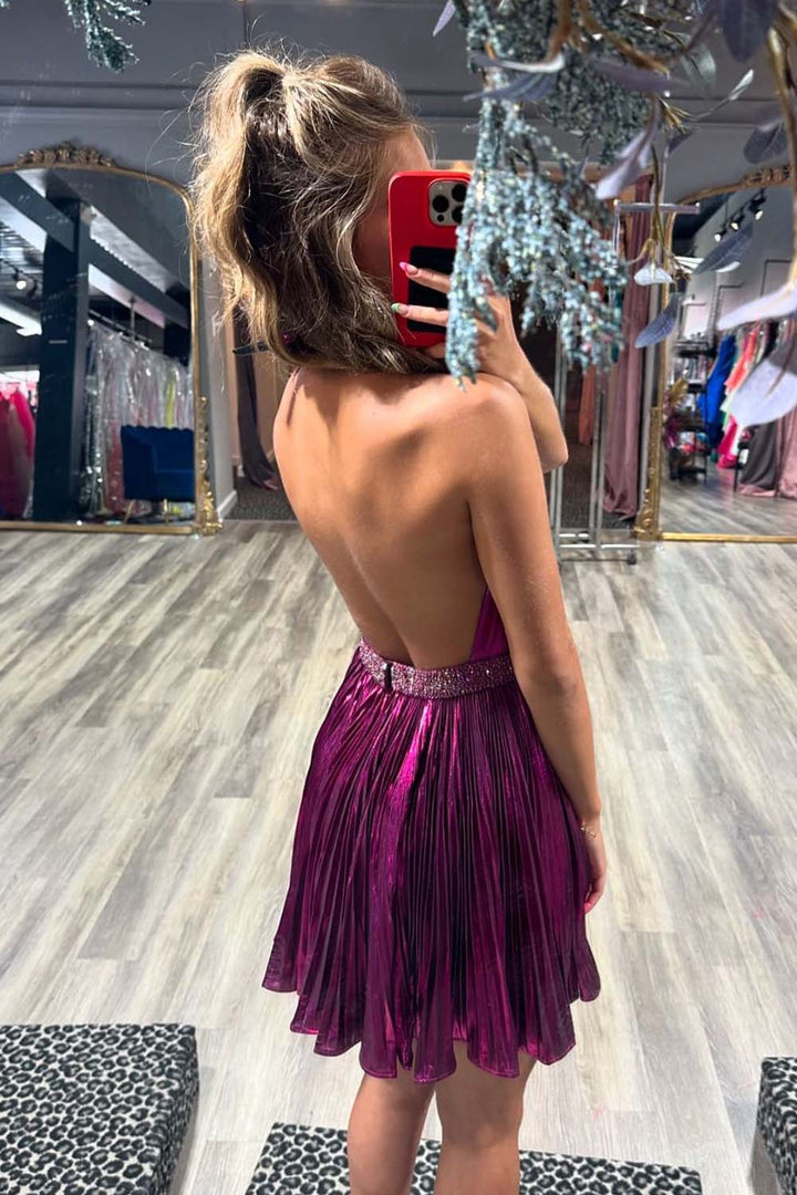 Pleated Metallic Plunge Mini Dress with Open Back