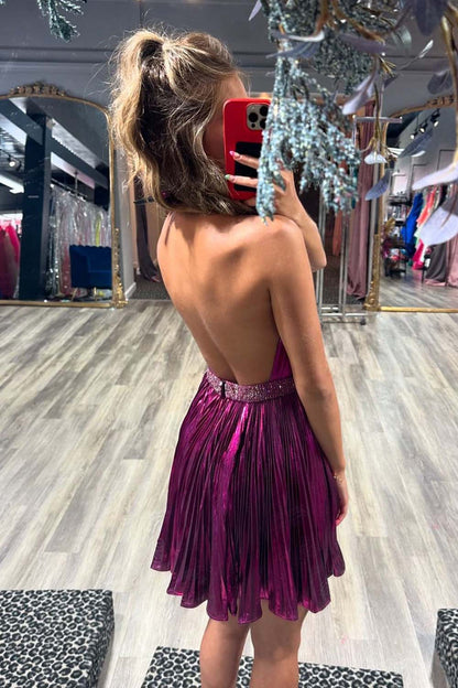 Pleated Metallic Plunge Mini Dress with Open Back