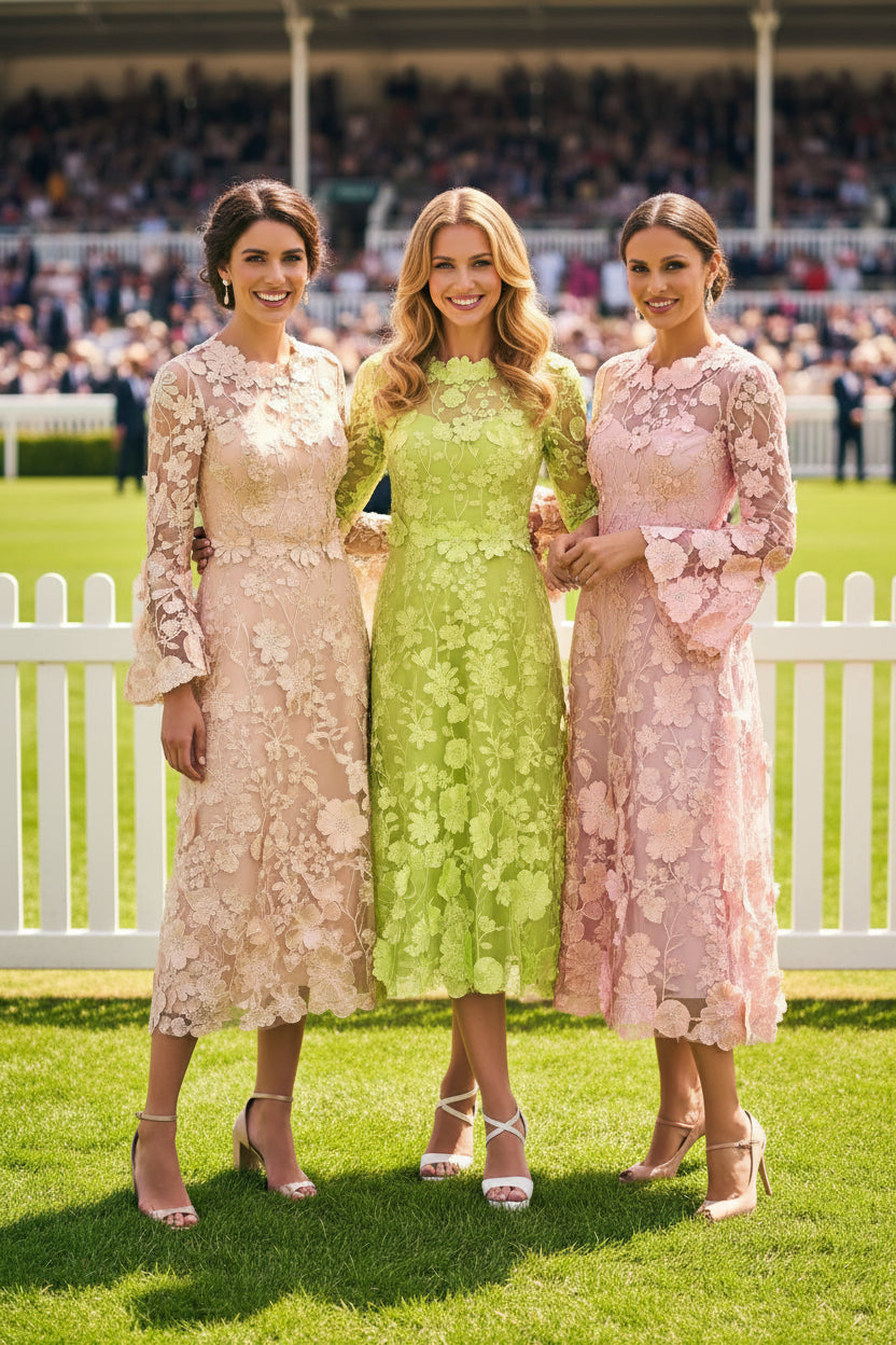 Floral Lace Long Sleeve Tea-Length Dress
