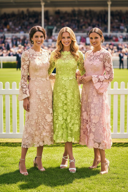 Floral Lace Long Sleeve Tea-Length Dress