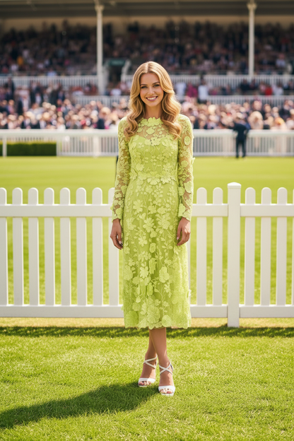 Floral Lace Long Sleeve Tea-Length Dress