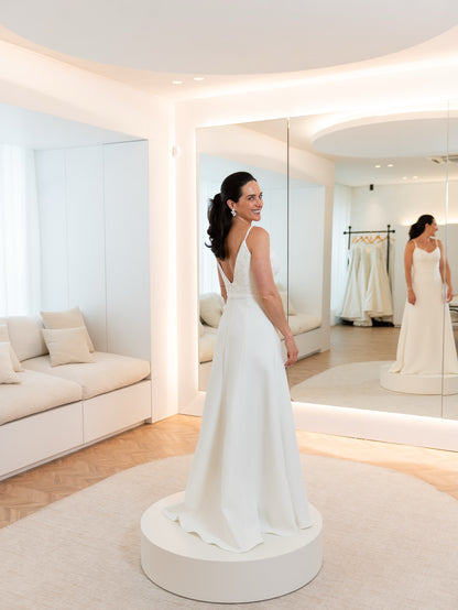 Minimalist Crepe Wedding Dress with Sheer Chiffon Cape