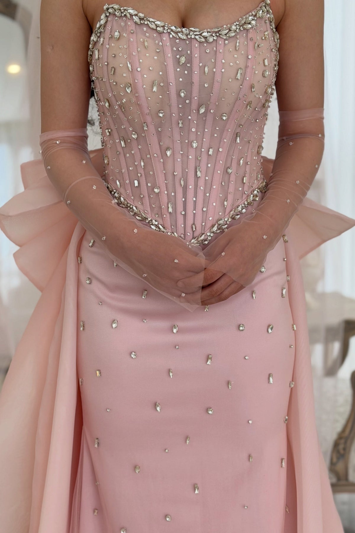 Strapless Corset Gown with Rhinestones & Bow Train