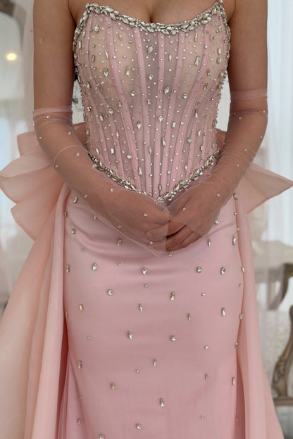 Strapless Corset Gown with Rhinestones & Bow Train