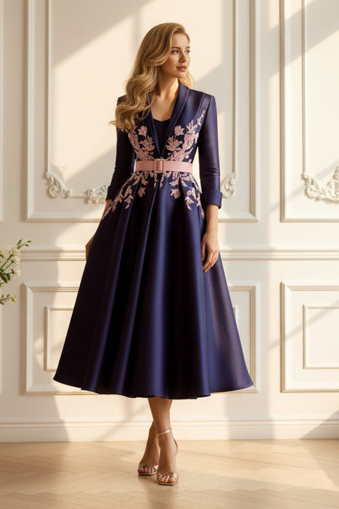 Embroidered A-Line Satin Tea-Length Dress