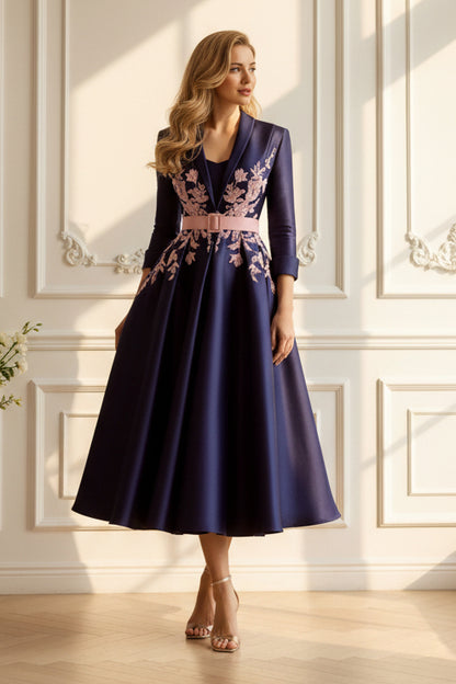 Embroidered A-Line Satin Tea-Length Dress