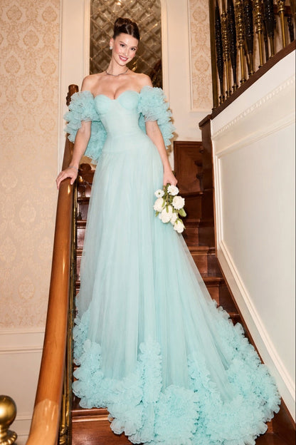 Tulle A-Line Gown with Ruffled Arm Cuffs