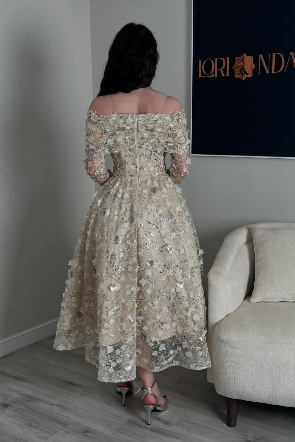 Off-the-Shoulder 3D Floral Lace Tea-Length Dress