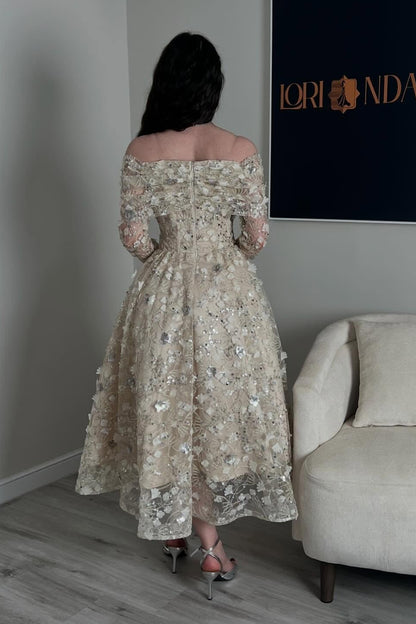 Off-the-Shoulder 3D Floral Lace Tea-Length Dress