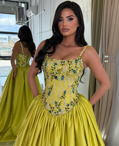 Beaded Corset Satin Ball Gown with Pockets