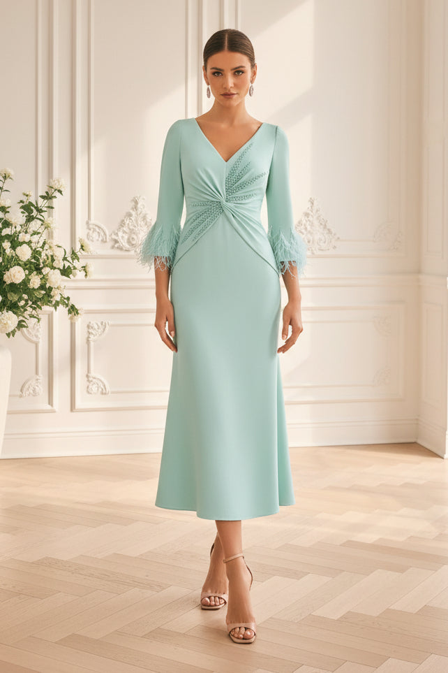 V-Neck Midi Dress with Feather Cuffs & Beading