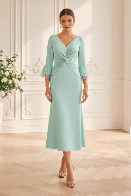 V-Neck Midi Dress with Feather Cuffs & Beading