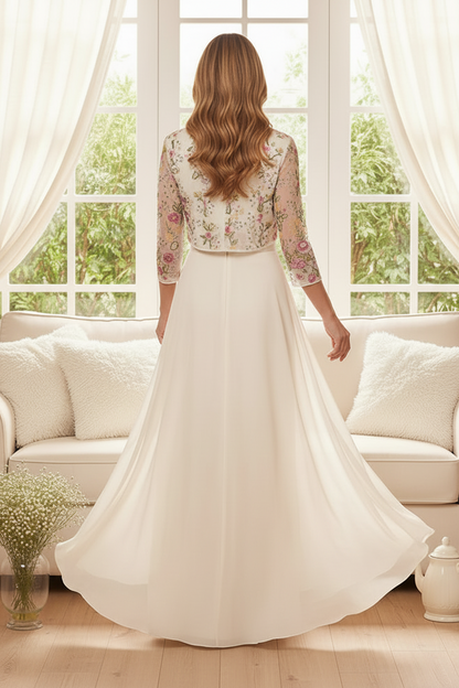 Floral Embroidered Jacket Gown with Crystal Belt