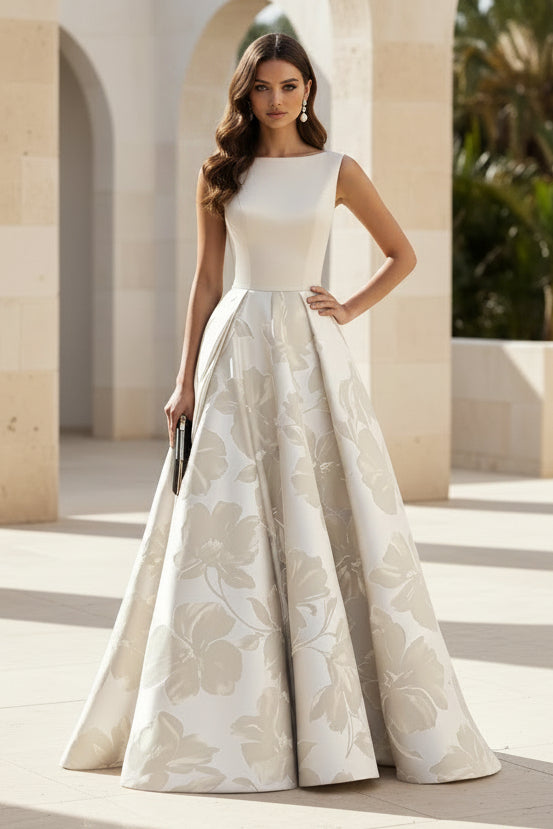 Sleeveless Floral Print A-Line Evening Gown