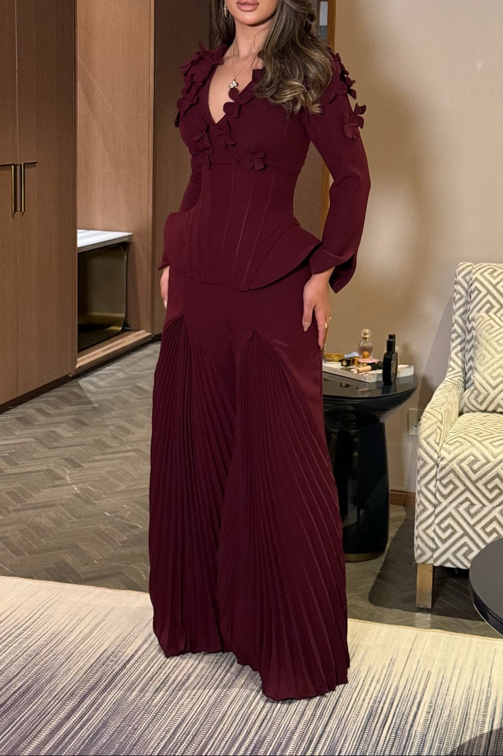 Elegant 3D Floral Peplum Two-Piece Pantsuit