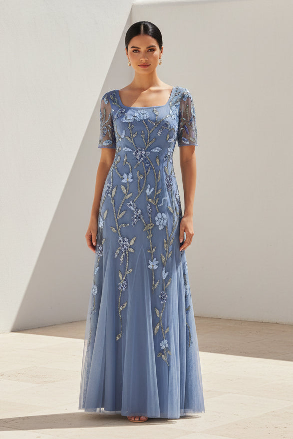 Beaded Floral Tulle A-Line Evening Gown