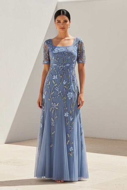Beaded Floral Tulle A-Line Evening Gown