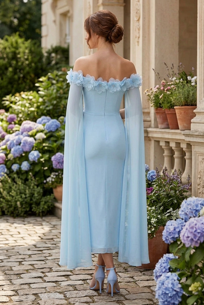 Off-Shoulder Floral Appliqué Cape Sleeve Midi Dress