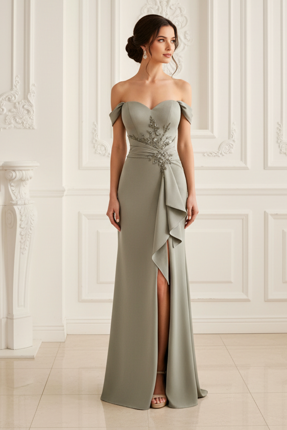 Off-Shoulder Sweetheart Column Evening Gown
