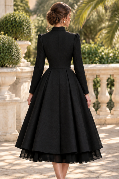 Pleated A-Line Coat Dress with Mandarin Collar
