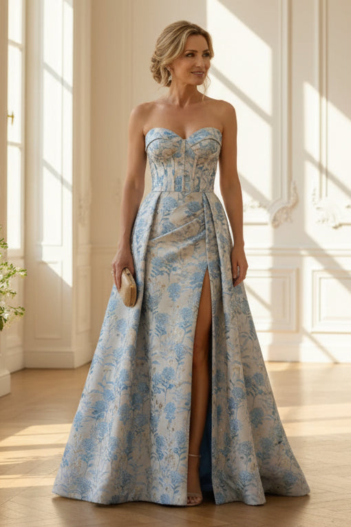 Strapless Floral Jacquard Corset Gown with High Slit