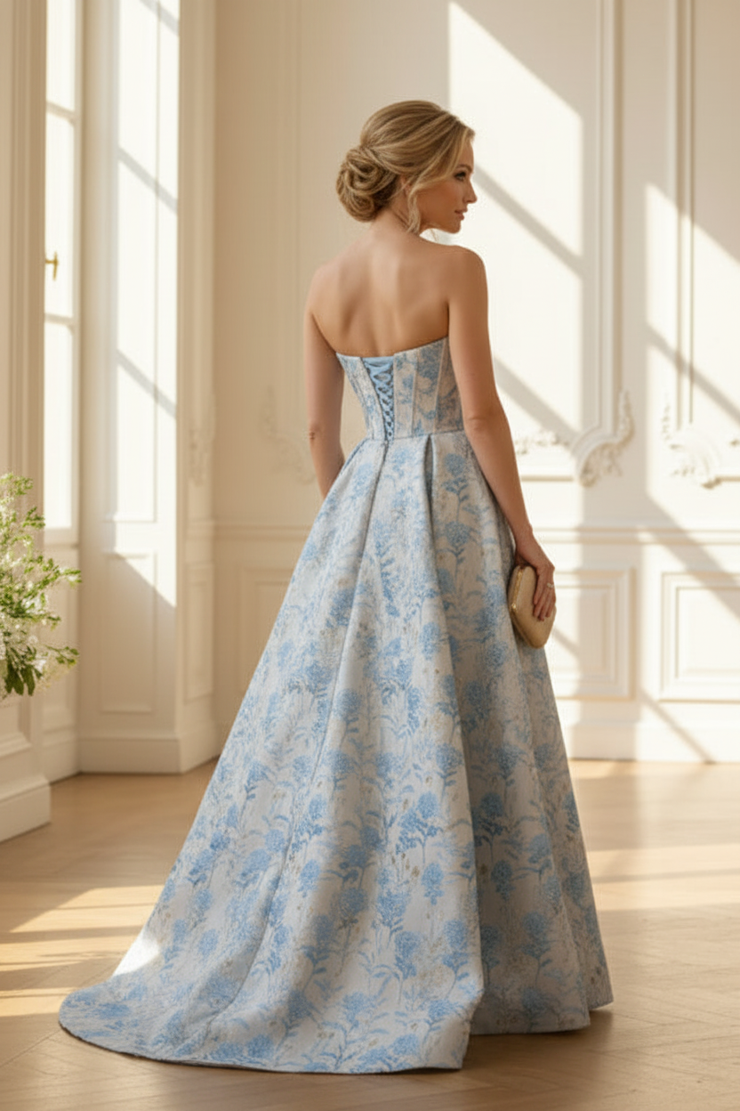 Strapless Floral Jacquard Corset Gown with High Slit