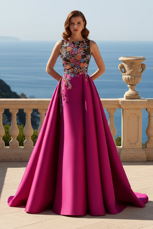 Embroidered Bodice Satin Gown with Train
