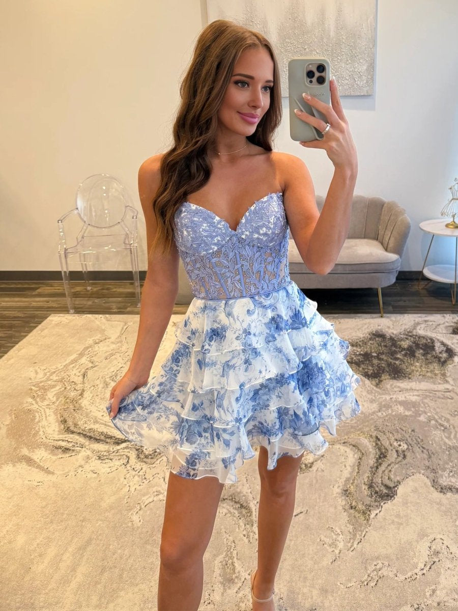 Strapless Corset Tiered Floral Mini Dress