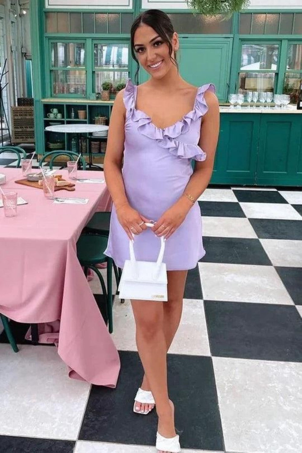 Ruffle Trim One Shoulder Satin Mini Dress