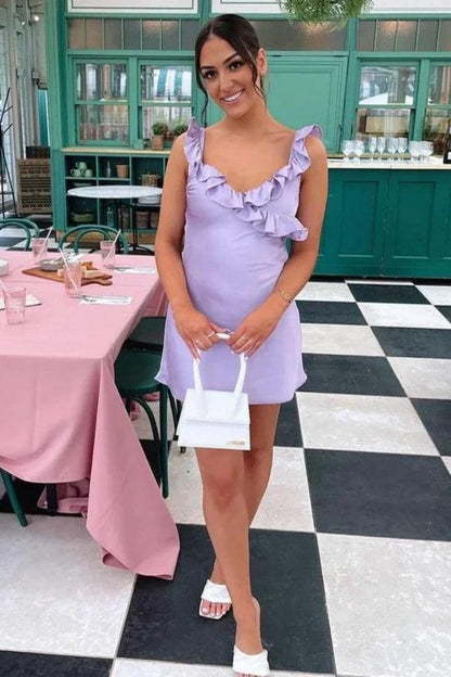 Ruffle Trim One Shoulder Satin Mini Dress