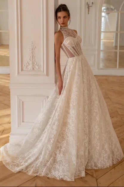 High Neck Lace Corset A-Line Wedding Dress