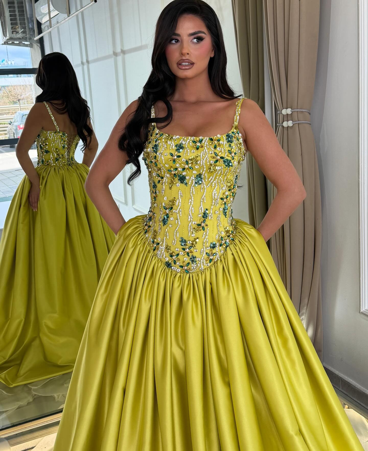 Beaded Corset Satin Ball Gown with Pockets
