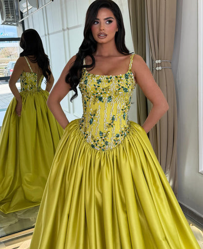 Beaded Corset Satin Ball Gown with Pockets