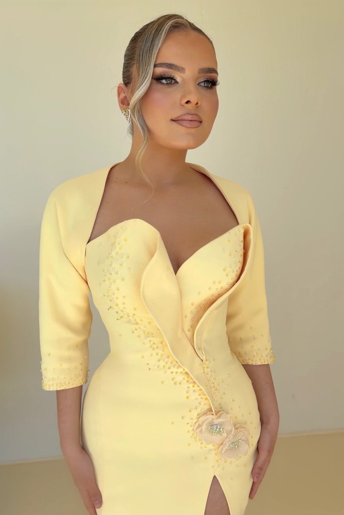 Sculptural Bodice Gown with Slit and 3/4 Sleeves