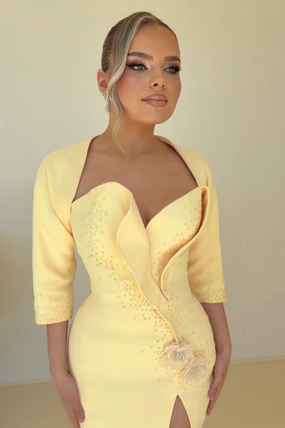 Sculptural Bodice Gown with Slit and 3/4 Sleeves