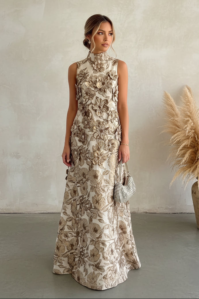 High Neck Jacquard Maxi Dress with 3D Flowers