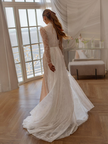 High Neck Lace Wedding Dress with Cape Train