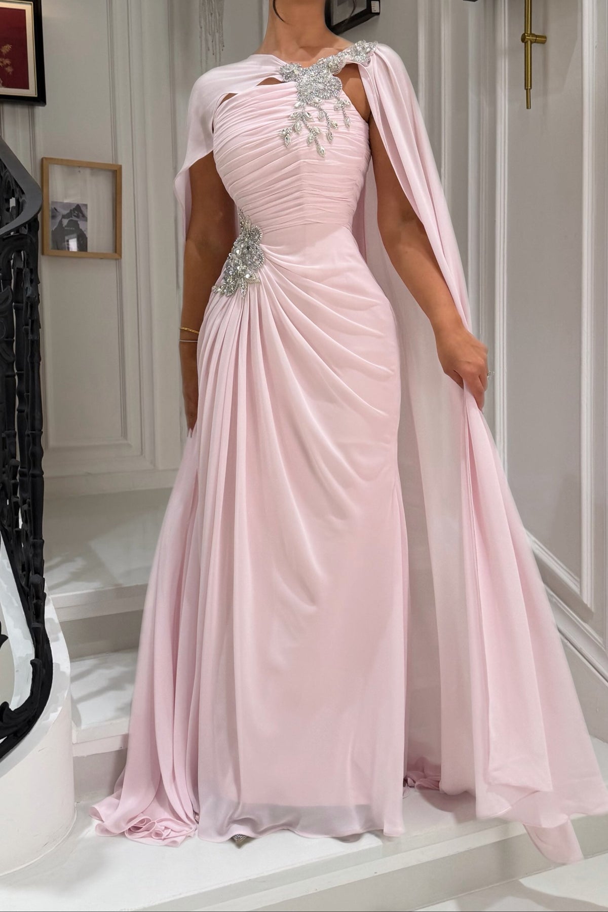 Ruched Evening Gown with Cape and Embellishments
